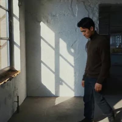 AI generated video: put the guy on the corner of the wall. he says my name is Rizky. make the camera move from to closer...