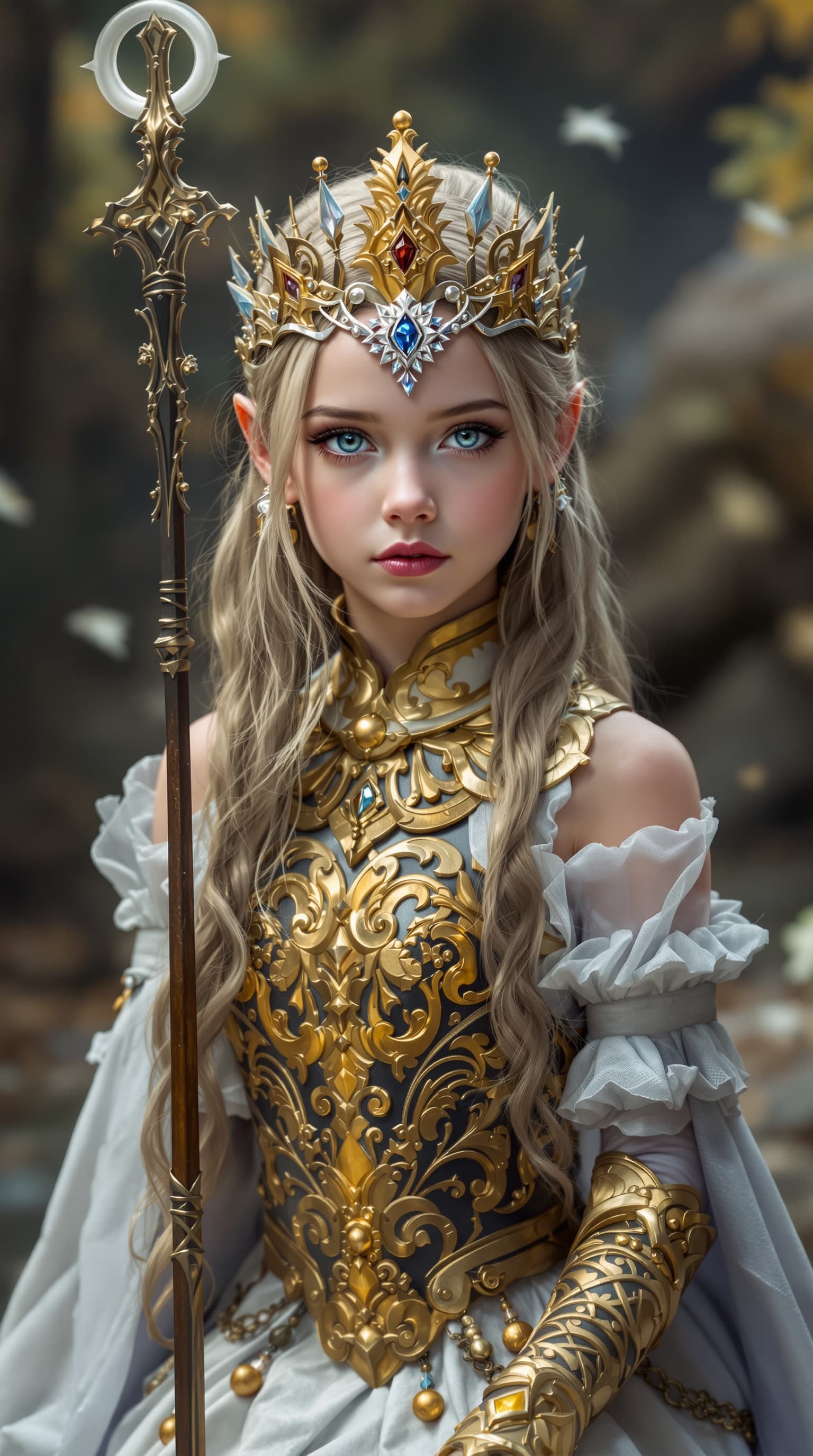 AI generated: A hyper-realistic depiction of seven year old cosplayer as Lunar Princess Ranni Elden Ring


