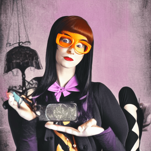 AI generated: goth girl astestic, velma from scooby-doo, a woman wearing eye glasses and an orange top, goth style...
