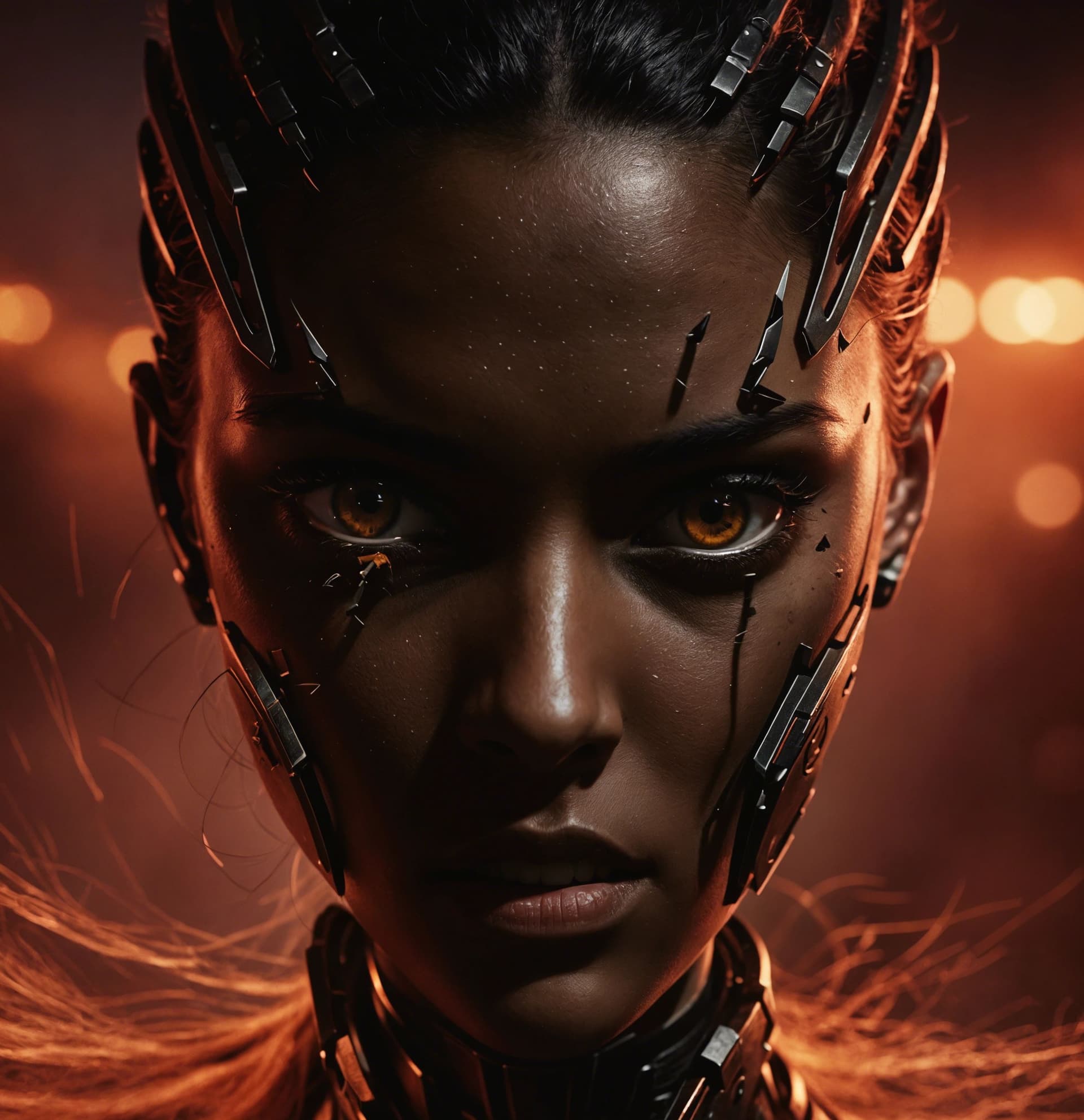 AI generated: In this portrait, Serqet stands in a dark and foreboding desert landscape, surrounded by towering sa...