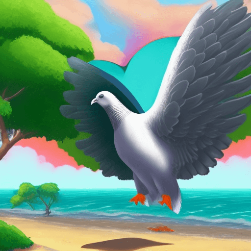 AI generated: big angelic pigeon with huge wings and has in his stomach a heart shape and inside it there's the pl...