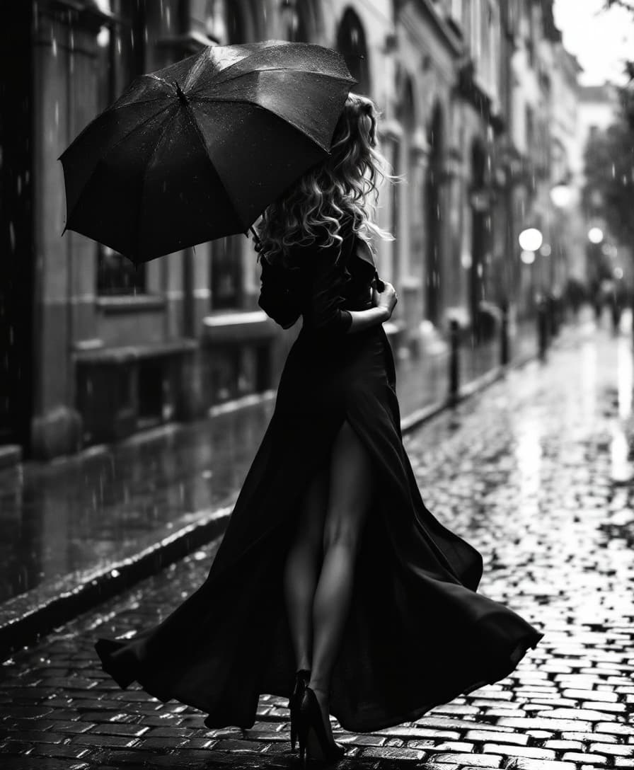 AI generated: Rain cascades down the cobblestone streets, creating a reflective surface that enhances the atmosphe...