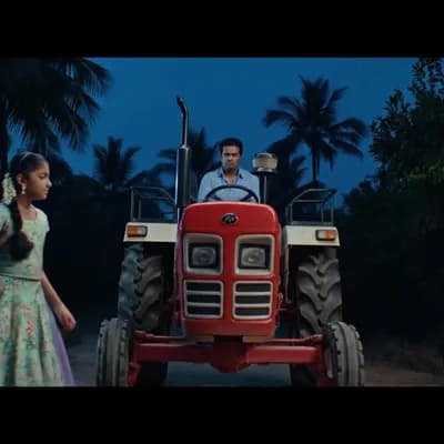 AI generated video: "A dramatic village night scene showing a traditional Indian girl standing in front of a red tractor...