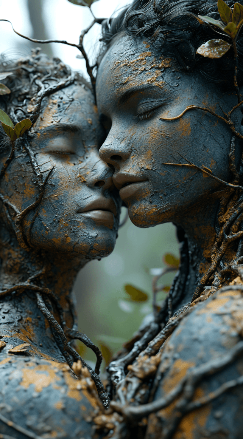 AI generated: two people hugging each other in the jungle, in the style of ethereal figures, made of vines, physic...