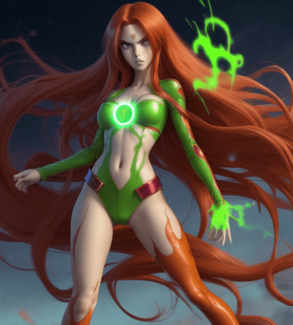 AI generated: anime, teen titan Starfire, action pose, full body image, long red flowing hair, highlights in eyes ...