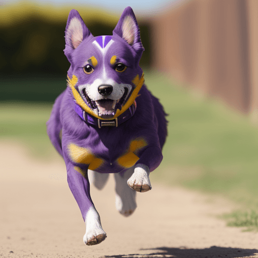 AI generated: perro corriendo con cometa de color amarillo y morado, tierno, alegre, apuesto, fuerte y adinerado