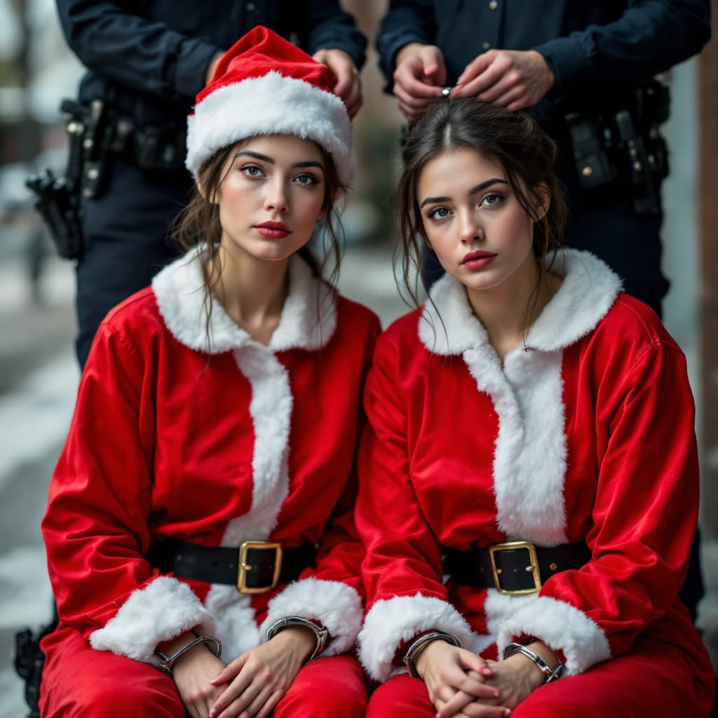 AI generated: Two female male Santa Claus criminals strong  wearing  Santa Claus suit  in light red color in day t...