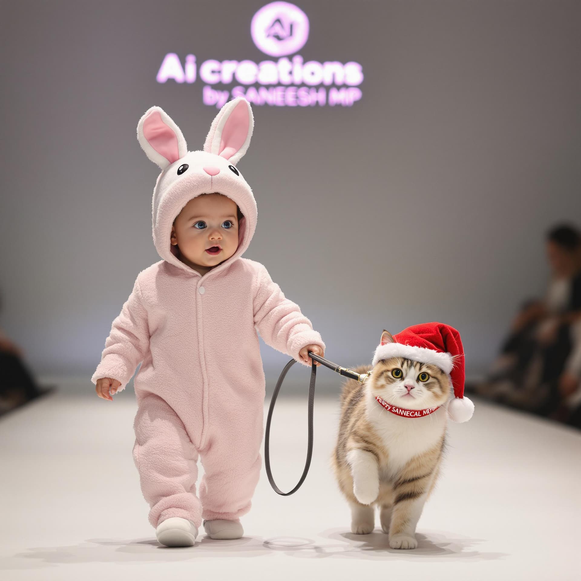 AI generated: A baby dressed in bunny pajamas leads a pet cat on a leash while walking at a Ai creations by SANEES...