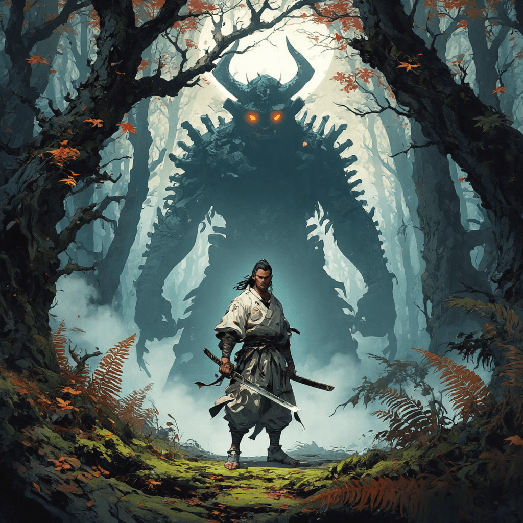 AI generated: A lone samurai stands poised in the heart of a dense, ancient forest, the soft light of the crescent...