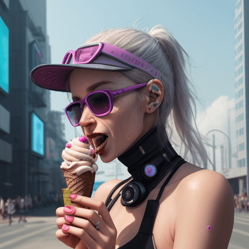 AI generated: woman, utra details, ultra realism, happy, ciberpunk summer hot city, woman eating futuristic ice cr...