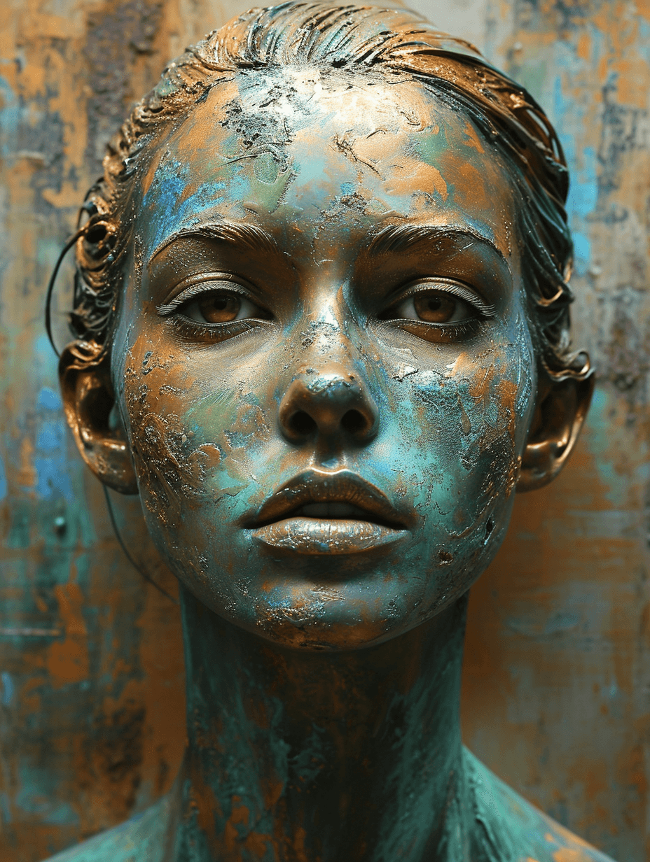 AI generated: front direct view portrait of blond woman head, brown eyes, metalic skin, disappearing into the pati...