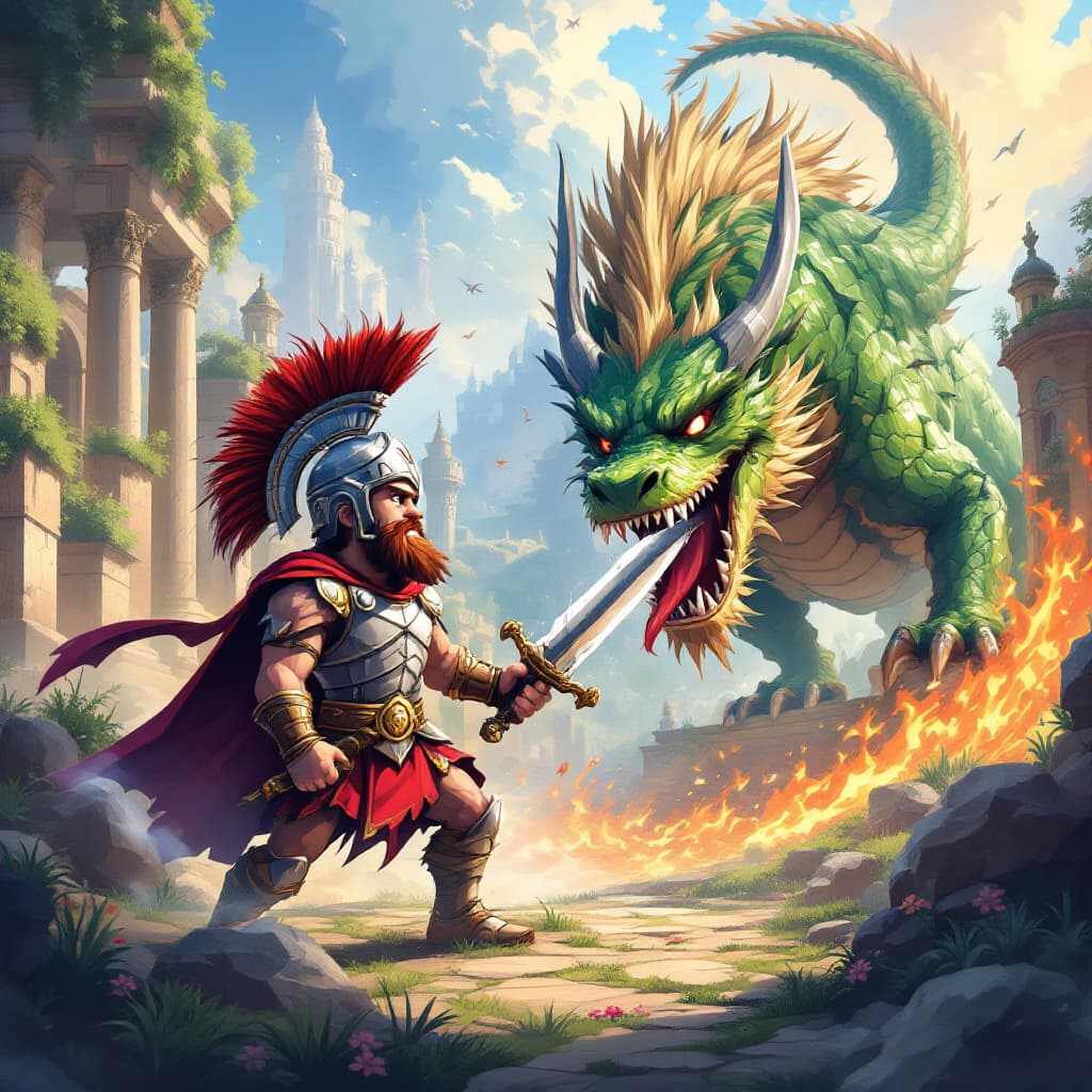 AI generated: Cartoon fantasy illustration where you see a gladiator, with his sword fighting with dragon futurist...