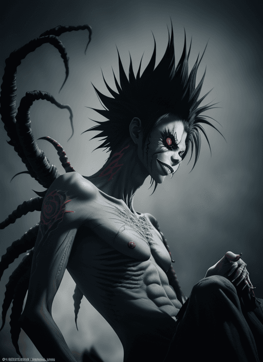 AI generated: Realistic Ryuk from Death Note with tattoos, (detailed stunning environment), cinematic, cover art, ...