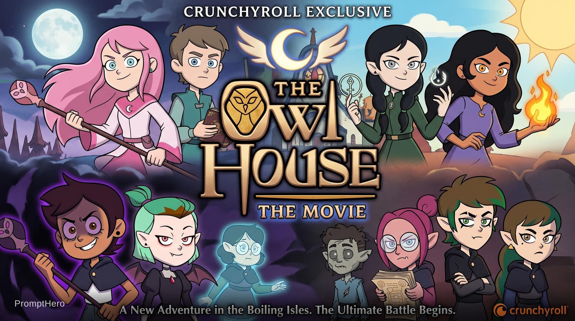 AI generated: The Owl House The Movie logo, featuring protagonists: a teenage girl Pinkalicious Pinkerton with a p...