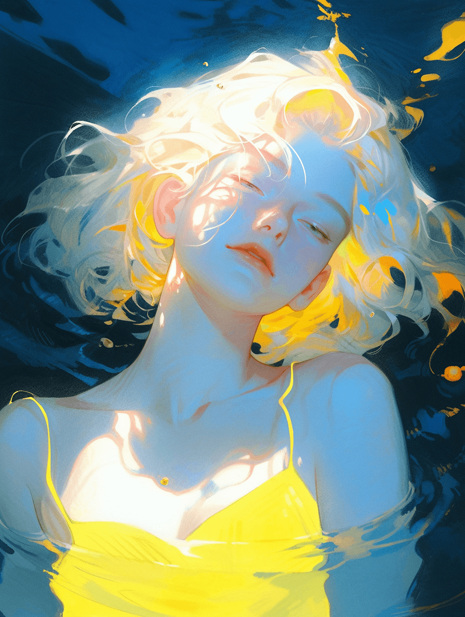 AI generated: a gorgerous girl with delicate features, pale white skin, light gold hair, Wearing a white camisole ...