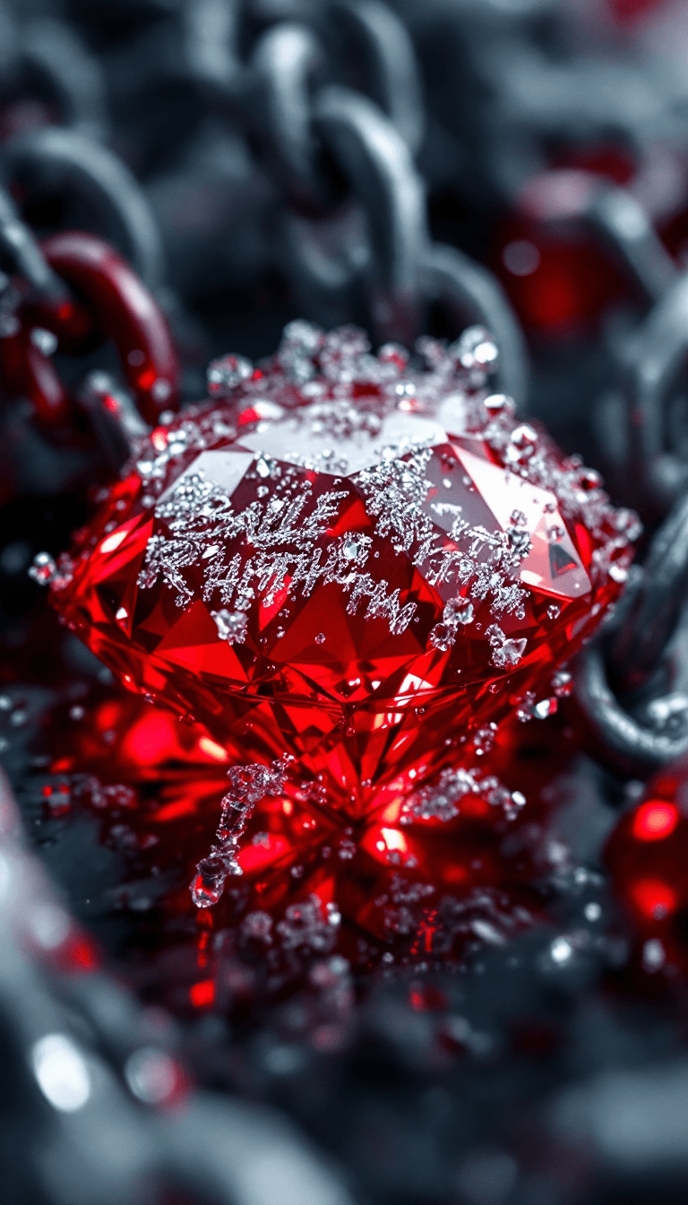 AI generated: big diamond ice out cuba chain. On the Chain is a red diamond and the text: "BAILE RHYTHM" in a abst...
