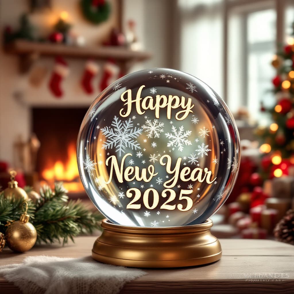 AI generated: a translucent crystal ball  with beautiful snowflakes and the name "Happy New Year" engraved in gold...