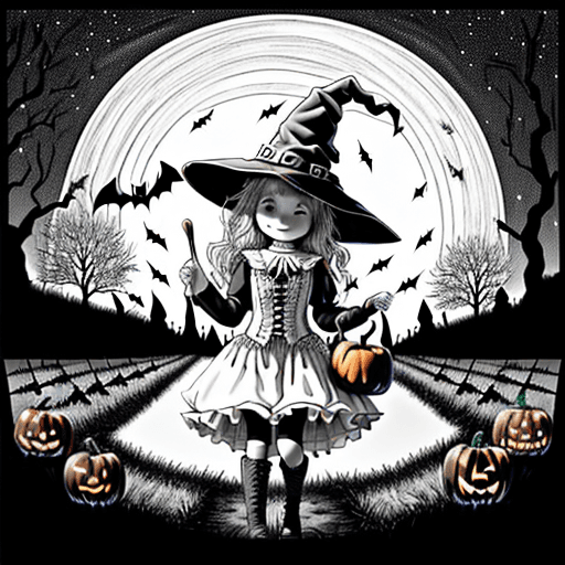 AI generated: Design a detailed black and white coloring page of an orchard, also including a scarecrow with a wit...