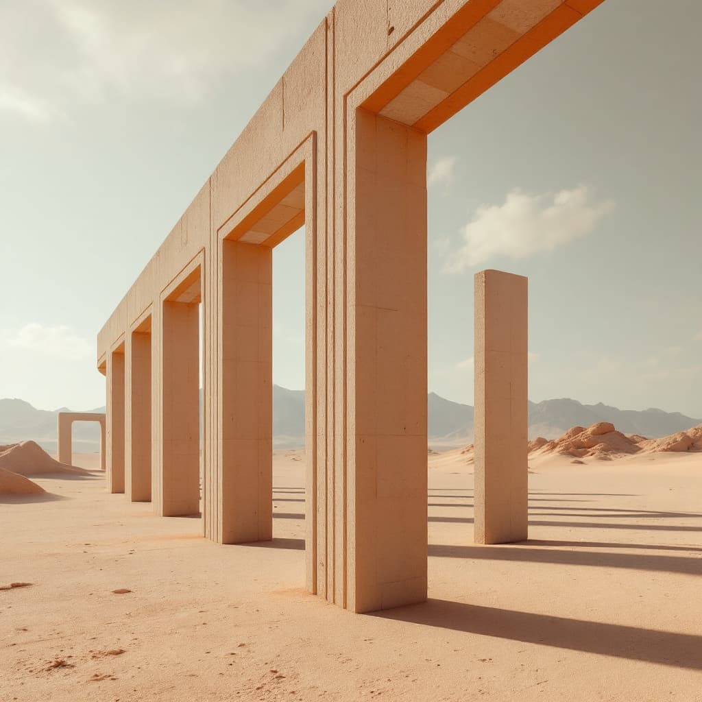 AI generated: brutalist architectural structure made of columns and arcs placed in the serene surreal desert, desi...