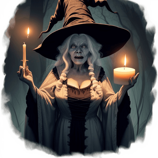AI generated: The image features a wimsical and scary witch with a wrinkled face, long white hair, and a wig. She ...