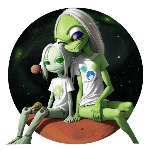 AI generated: A green alien, with a white t-shirt, anthropomorphic, next to a human with long gray hair painted in...