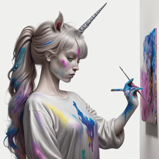 AI generated: a woman on her unicorn has painted it with colorful colors, in the style of petrina hicks, kim jung ...