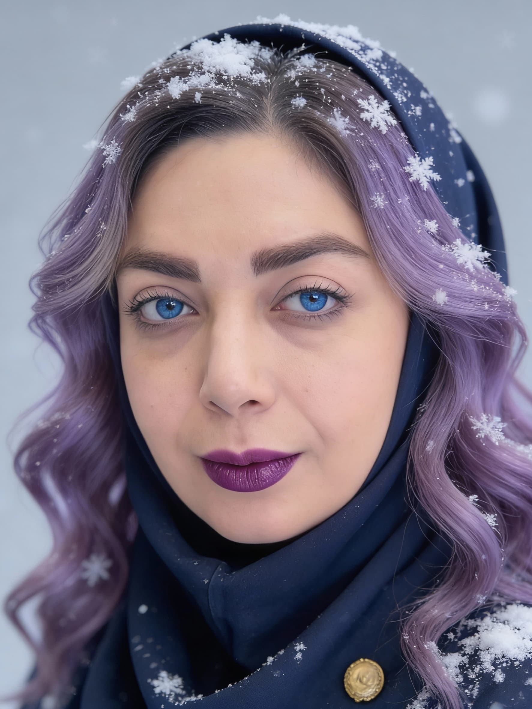 AI generated: A close-up portrait of a person with wavy, lavender purple hair dusted with snowflakes, piercing blu...