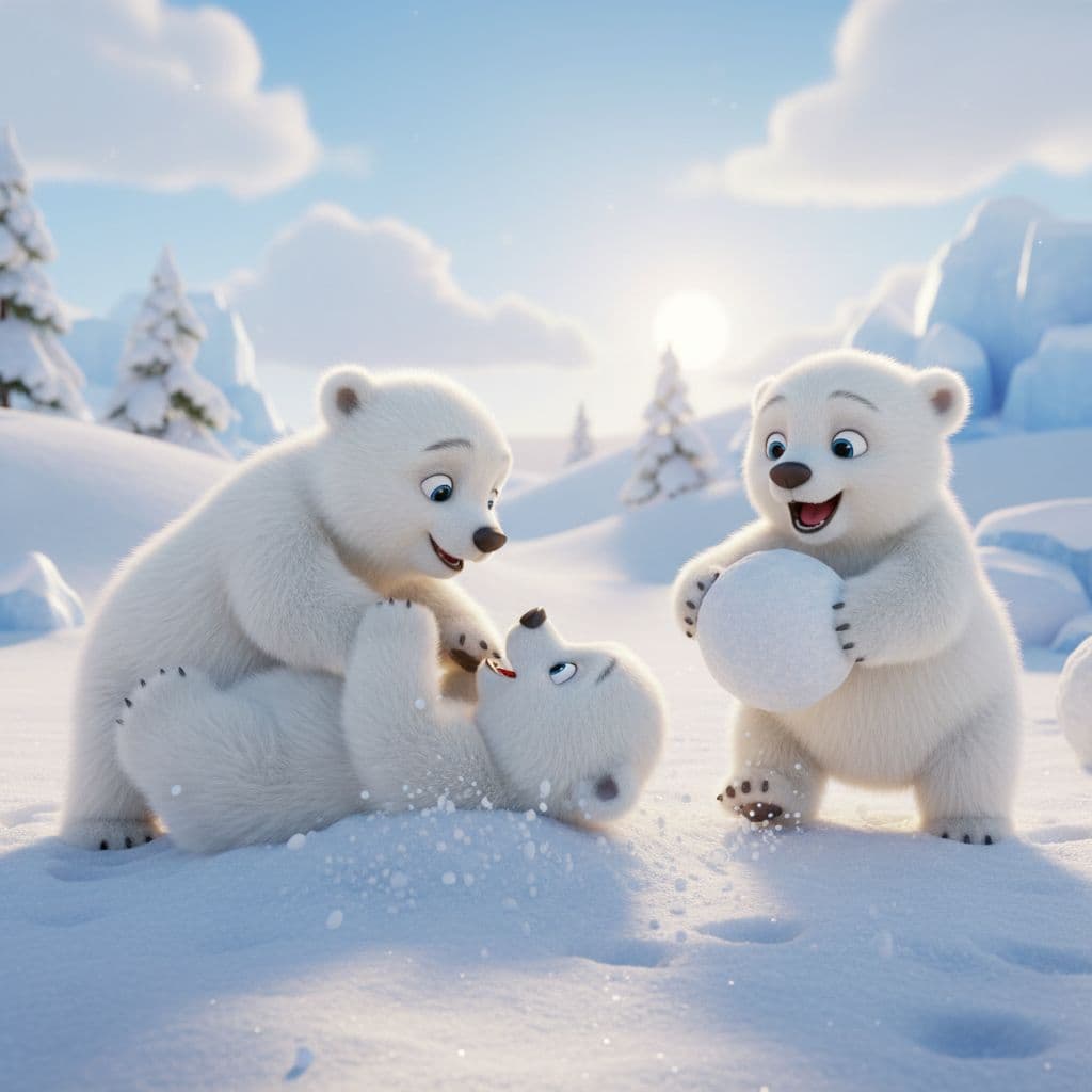AI generated: “3D cartoon polar bear cubs playing together in snow.”