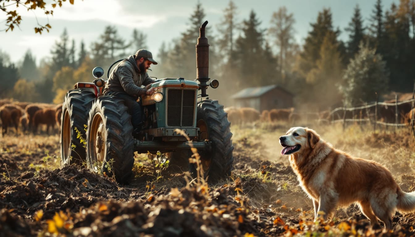 AI generated: a man in farm with tractor and dog help to him