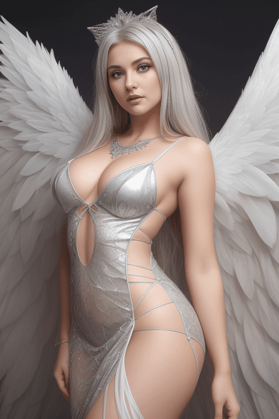 AI generated: a photograph of an angel with sly expression, ((big wings)), wearing a see-thru short roman style dr...