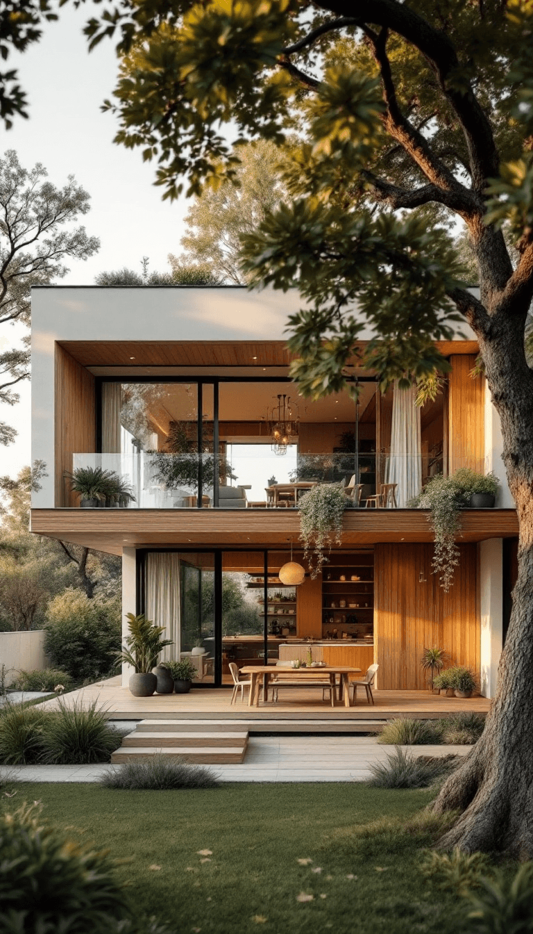 AI generated: A wide-angle shot of a two-story modern cottage house, with the second floor stretching across in wi...