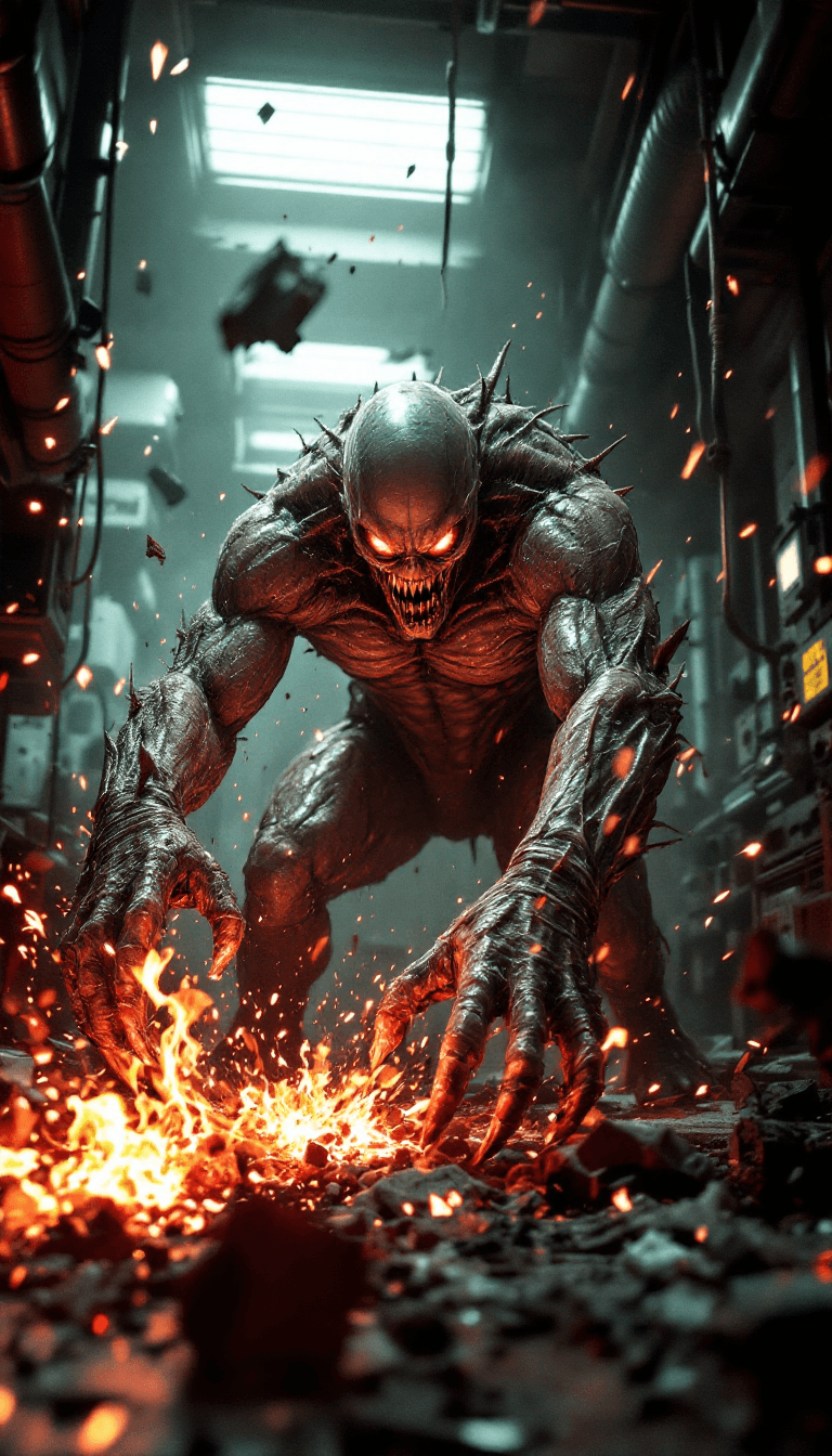 AI generated: terrifying full length shot of an intimidating radioactive atomic monster in a laboratory breaking e...