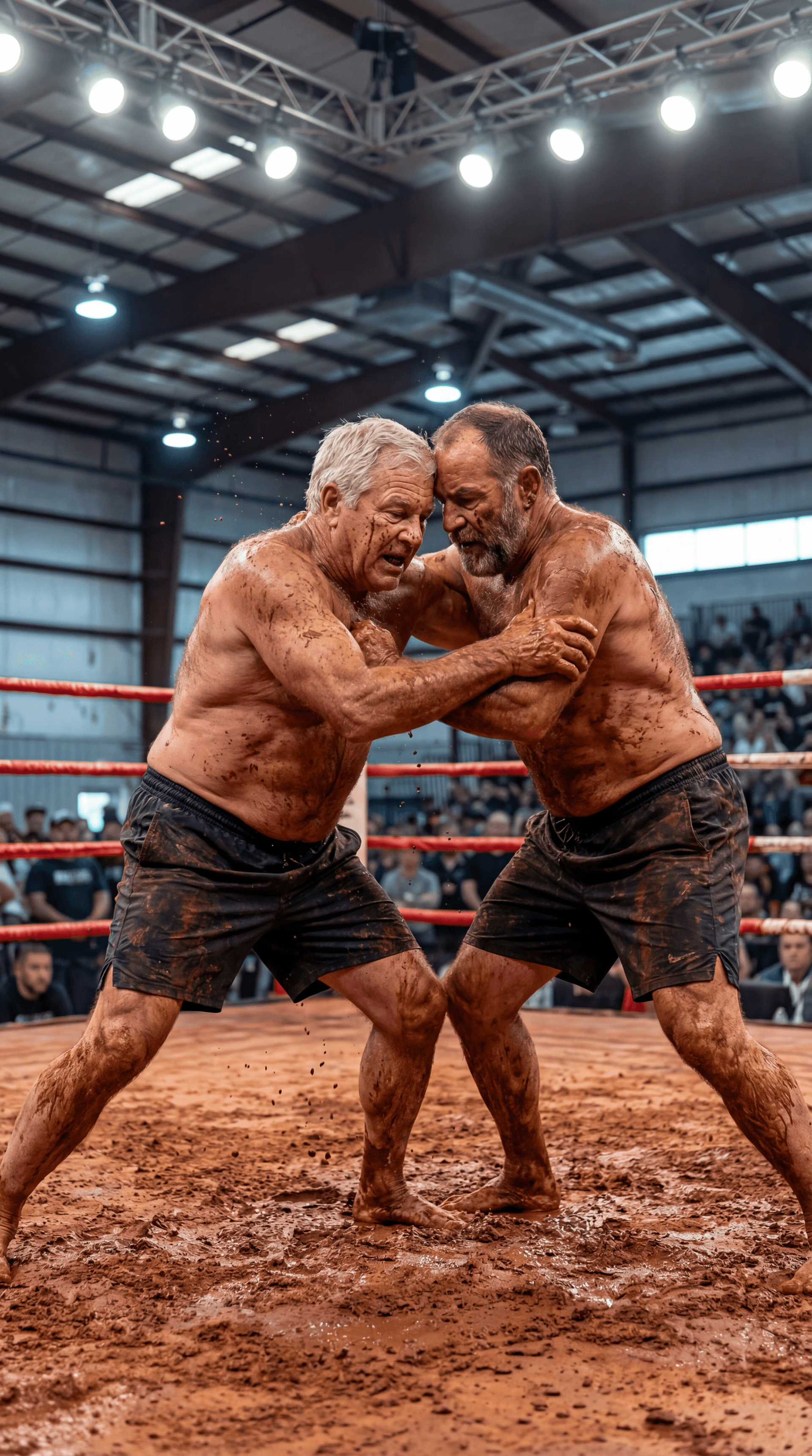 AI generated: REALISTIC SPORTS EVENT PHOTOGRAPH — INDOOR ARENA BOXING RING — RED CLAY MUD WRESTLING — VERTICAL 9:1...