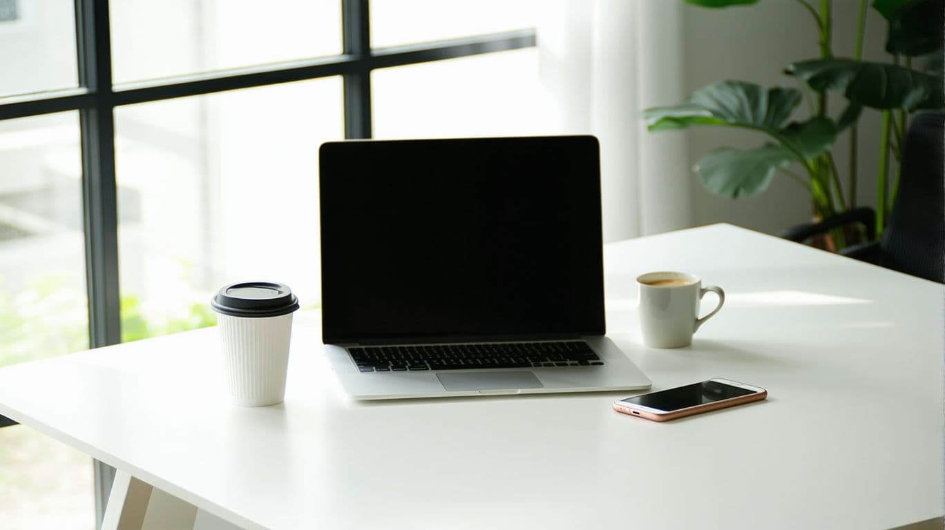 AI generated: A sleek, minimalist office workspace bathed in natural sunlight, featuring a modern desk setup with ...