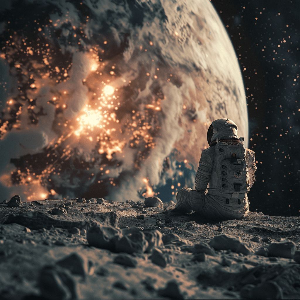 AI generated: Man with spacesuit on the moon, looking at the Earth, Earth explodes beautifully, top angle, cinemat...