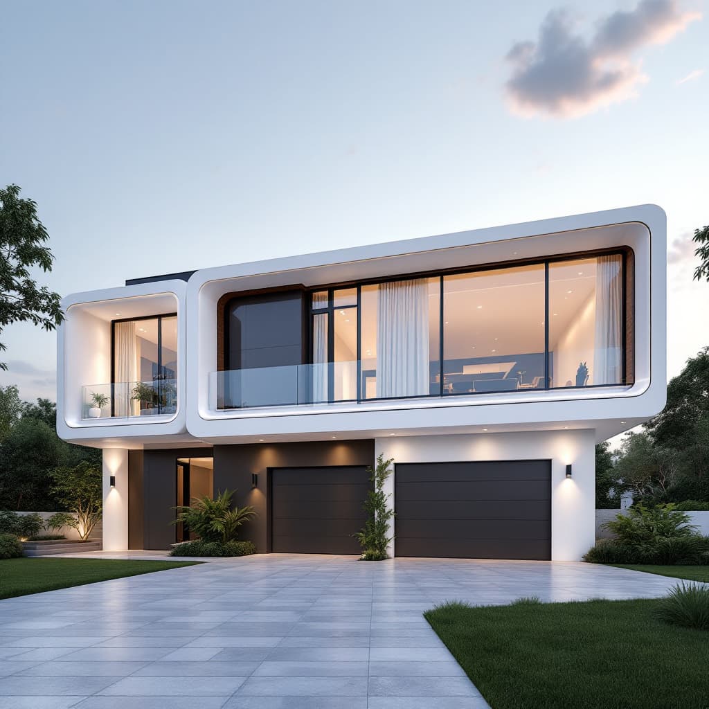 AI generated: High resolution photo of a modern 2 level house, futuristic look, Rooms have extra large exterior wi...