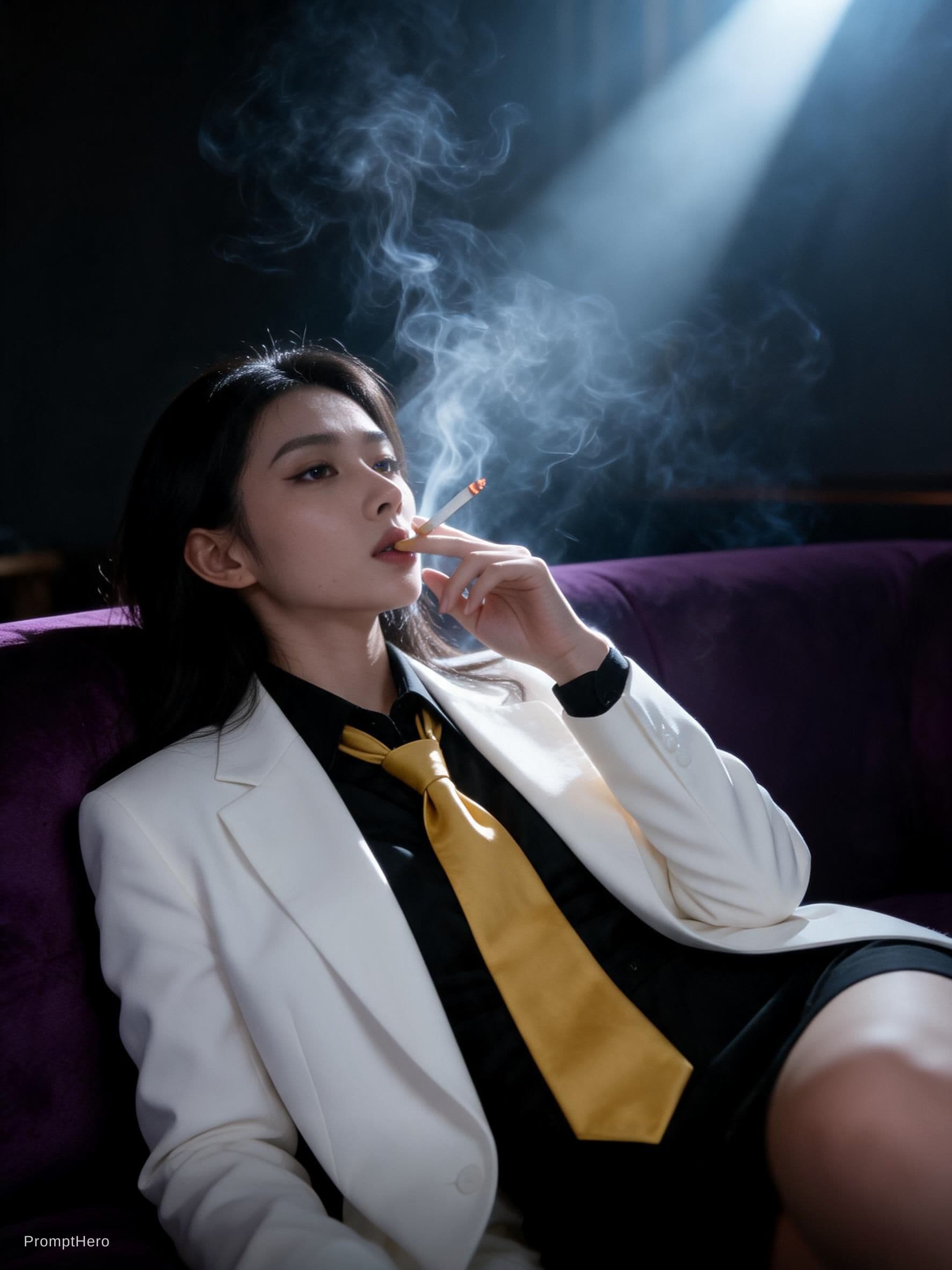 AI generated: snapshot, dimly lit room with a hazy atmosphere, capturing a female model lounging on a deep purple ...