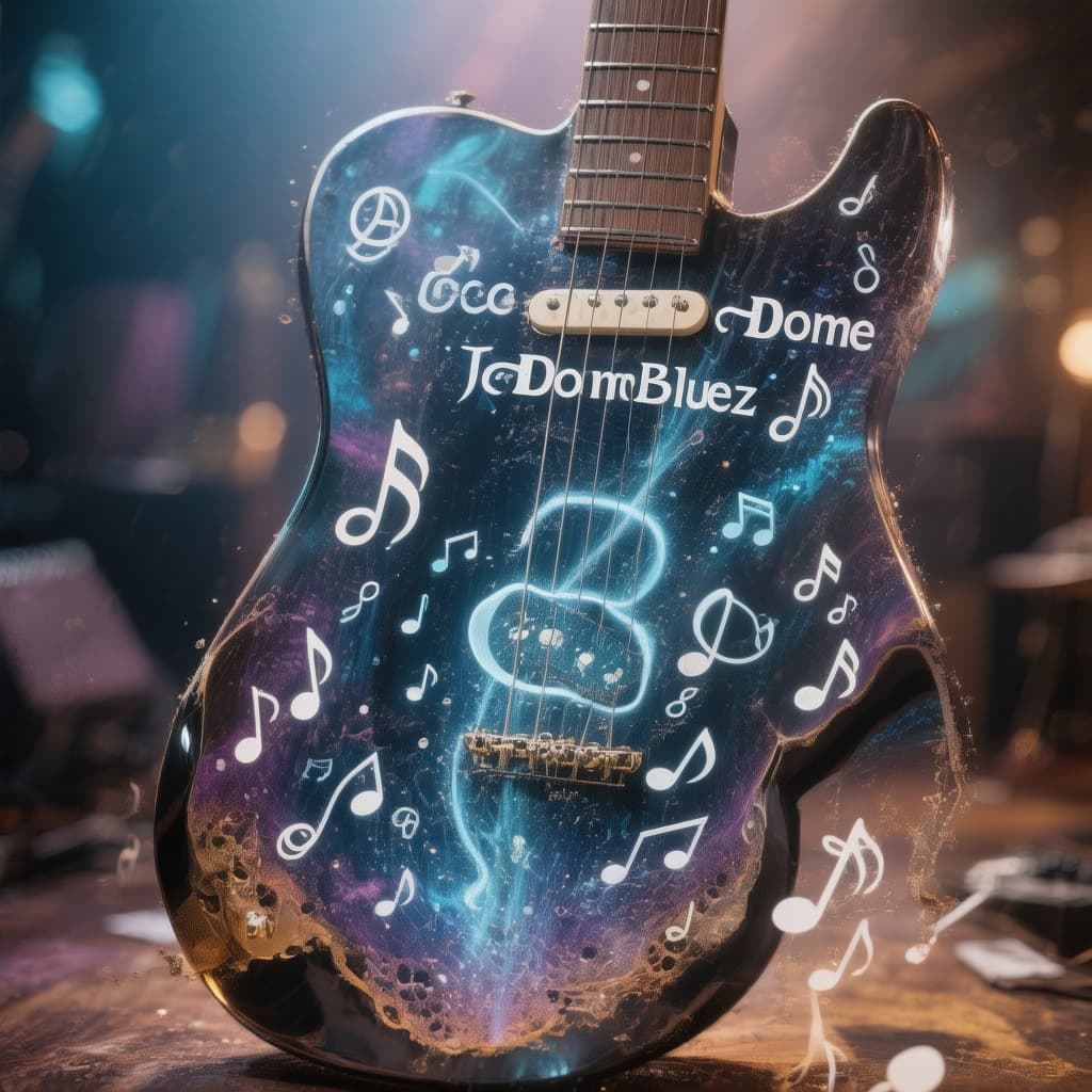 AI generated: 4K HD crystal clear guitar with musical notes floating inside with the text 'Down Home Bluez'