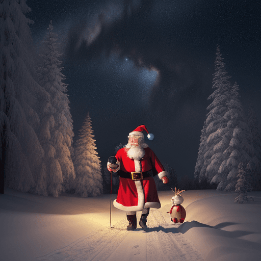 AI generated: A whimsical digital portrait of a jolly Santa Claus-like pixie surrounded by a serene winter landsca...