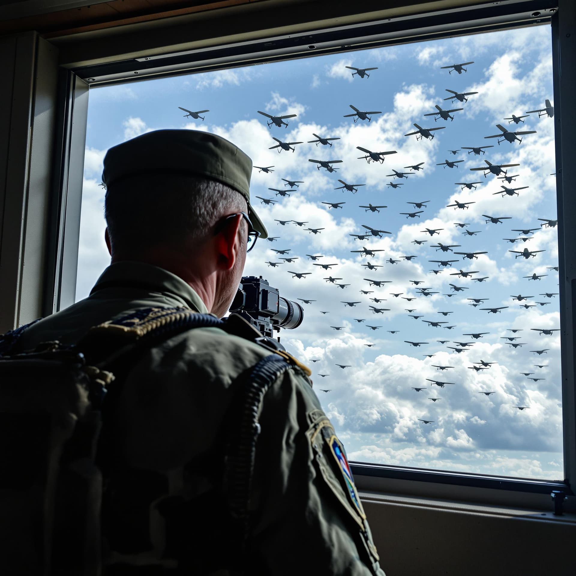 AI generated: The camera zooms in from behind the army general towards the window, showing a sky filled with UAV d...