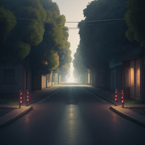 AI generated: Cloak adventure, standing on winding road, gas lights. city road, trees. wide view, deserted. anime,...