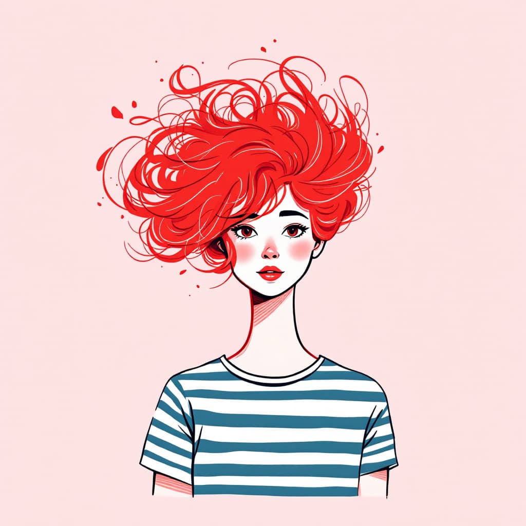 AI generated: portrait of a female, illustration, upper body and face, casual striped t-shirt and short curly hair...