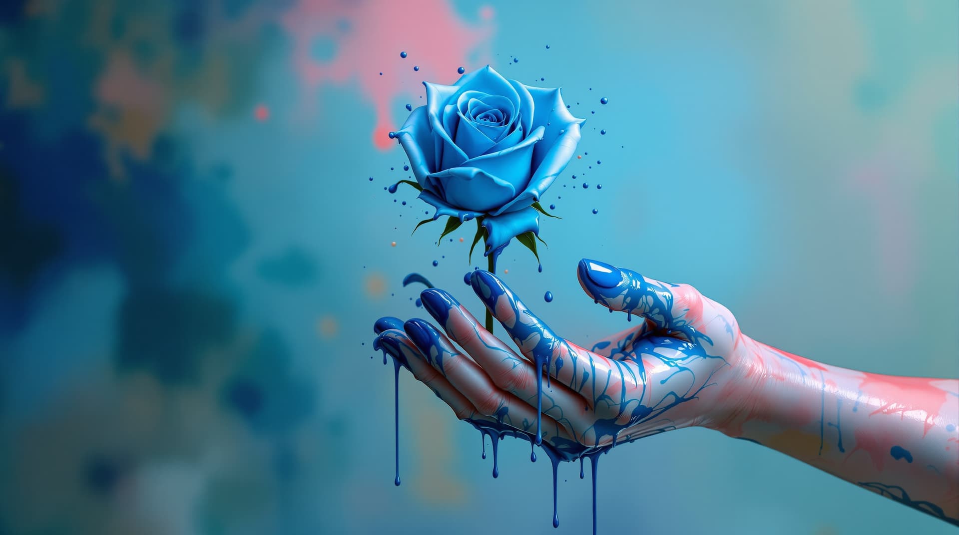 AI generated:  random pose,  two hands hyper realistic with asiatic tatoo skin, giving   a  wkite and blue rose ,t...