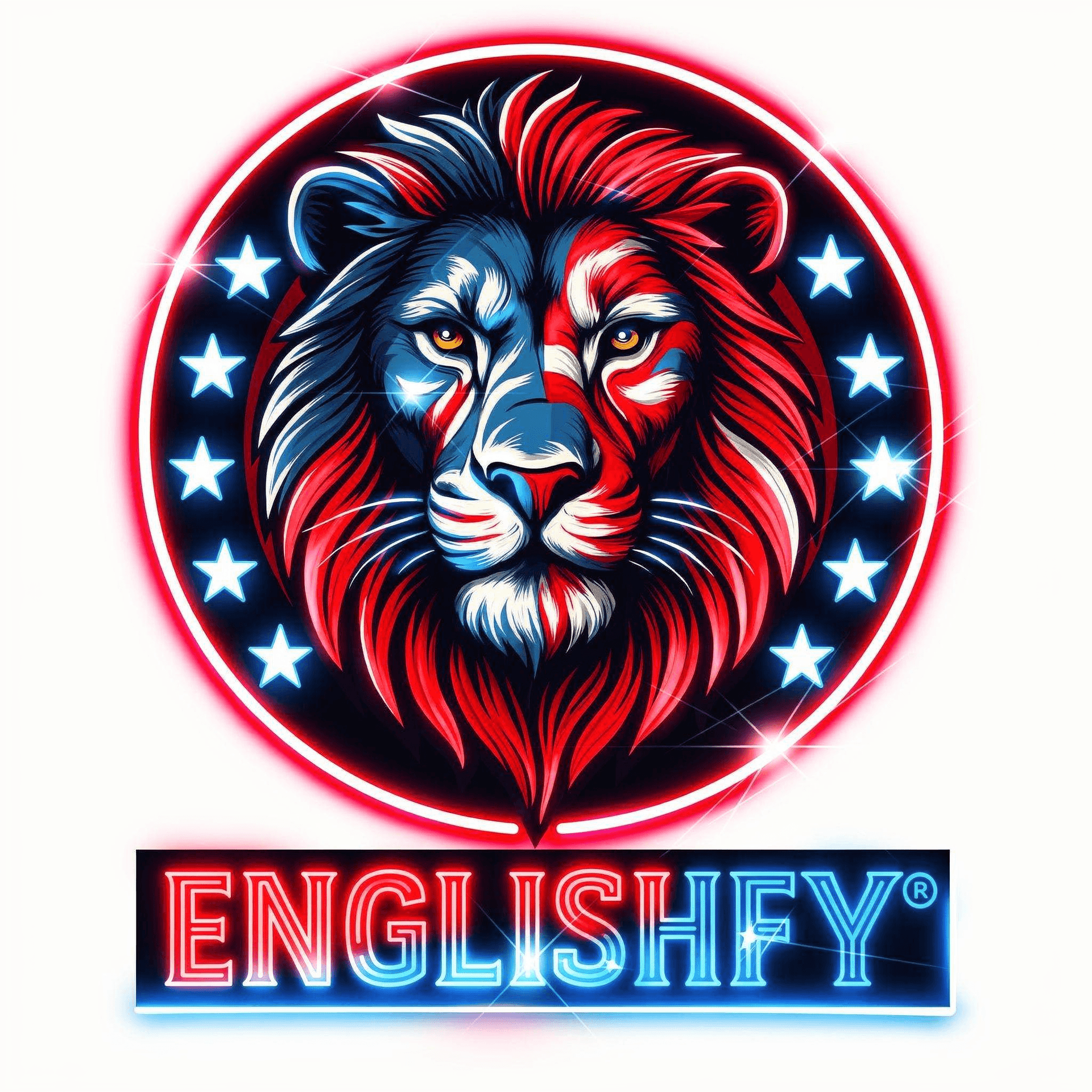 AI generated: ENGLISHFY® – USA patriotic Modern Premium Supreme Neon style. Identical lion and circle, but the ent...