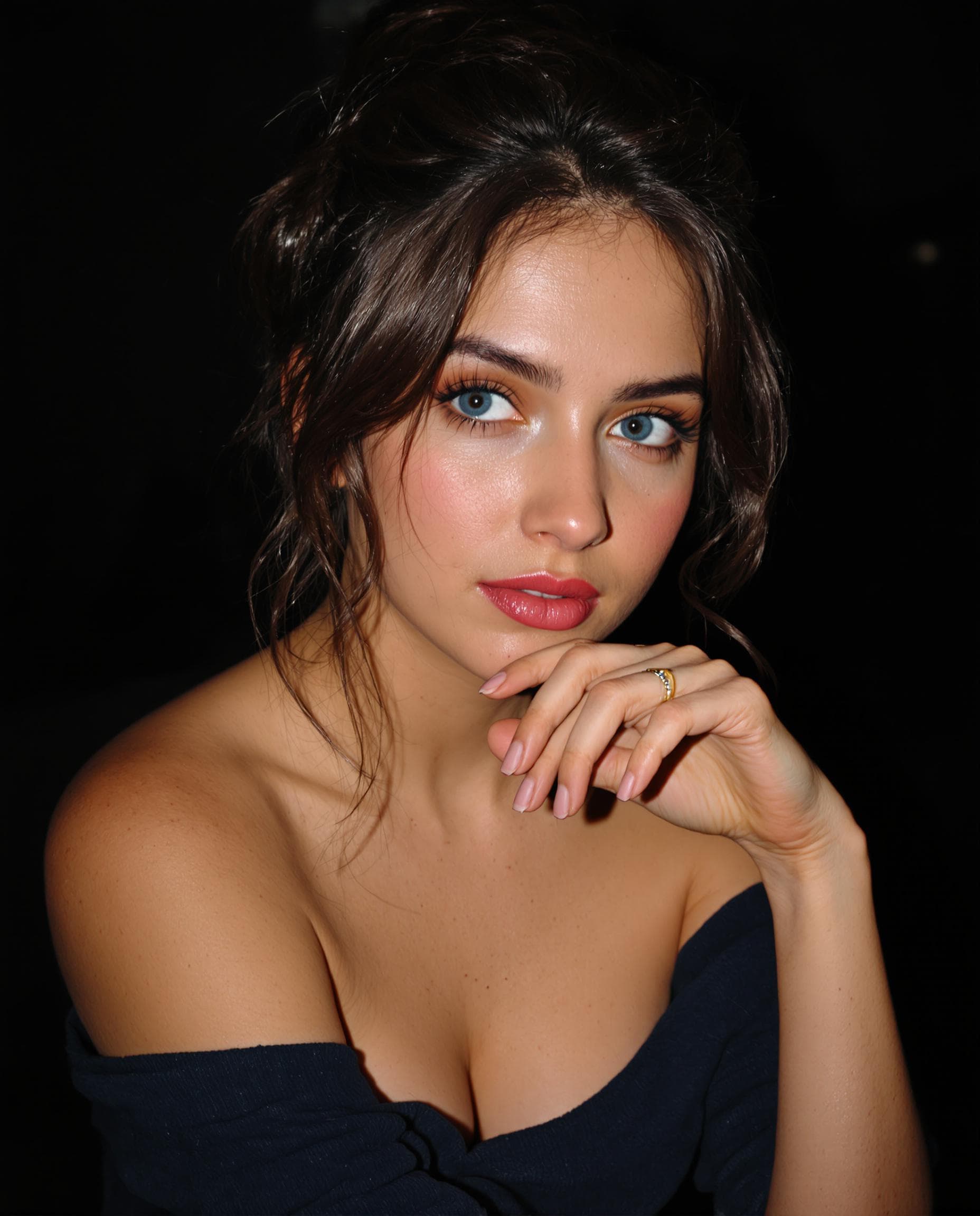 AI generated: "A highly detailed, ultra-realistic portrait of a 22-year-old young Brunette woman with deep blue ey...