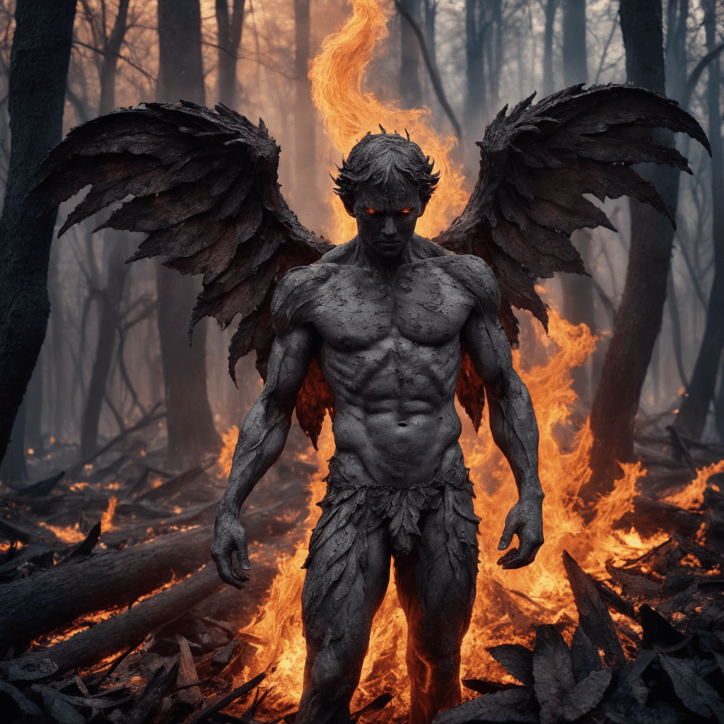 AI generated: Fallen Fire angel, 21 years old, desperate eyes, sad, crying, tears, muscular humanoid made of fire ...