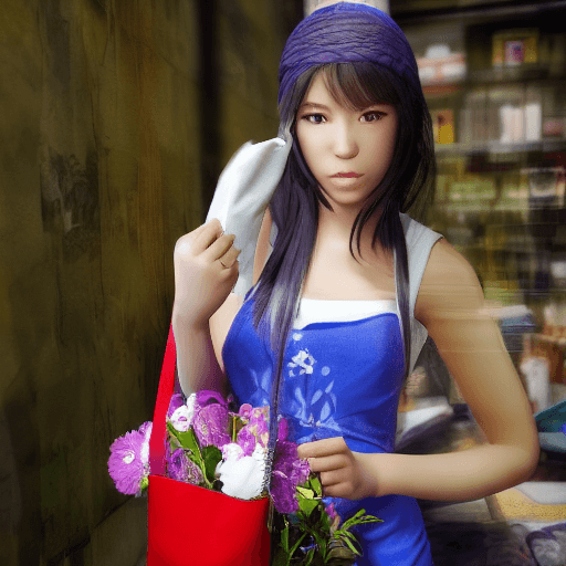 AI generated:  female hero;  style look like game: "bag inside a bag of milk" ; blue flower arrangement; the focus...