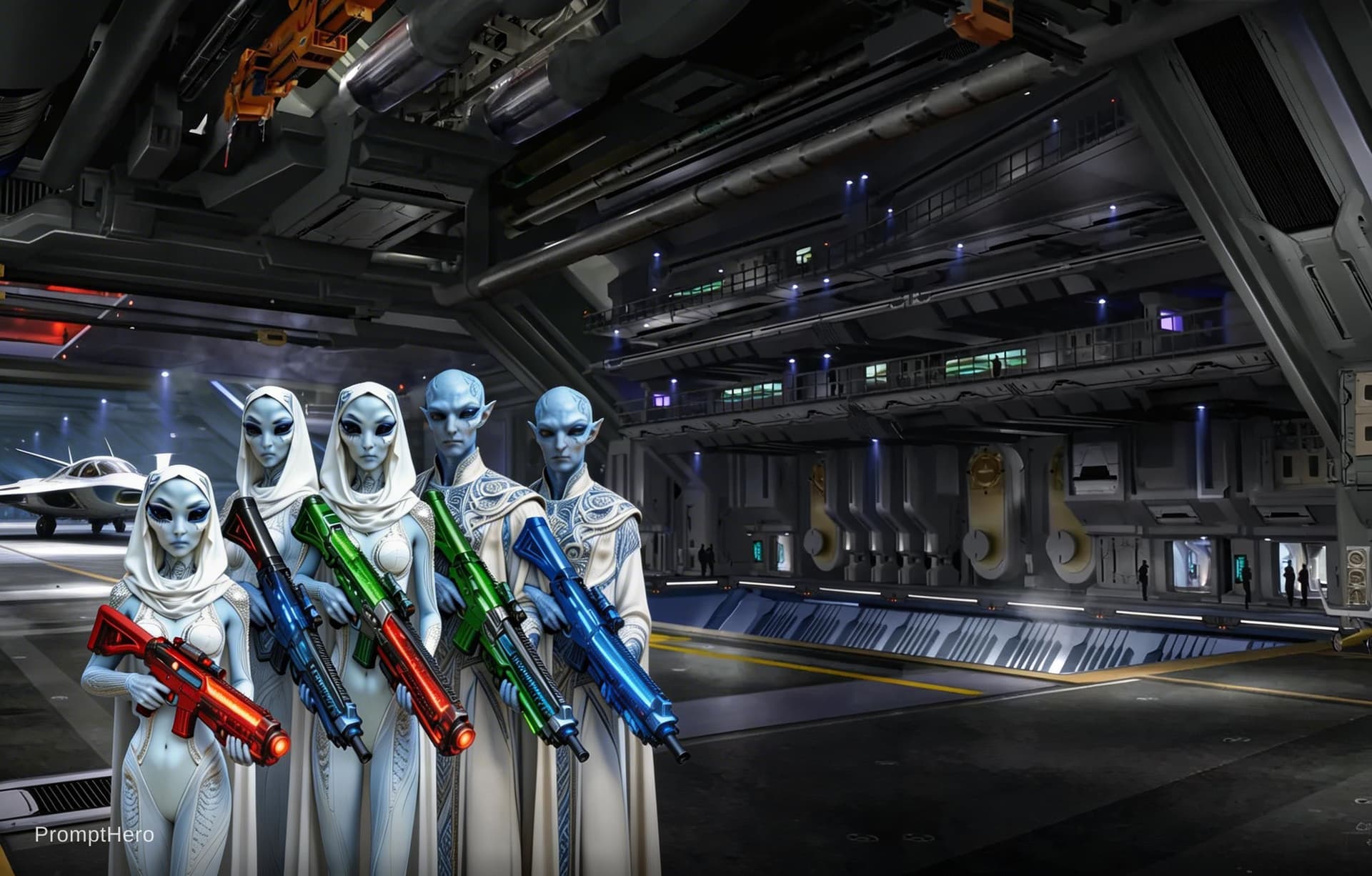 AI generated: Sci-Fi scene. Use reference image one. Recreate the scene in reference image one. Add the characters...
