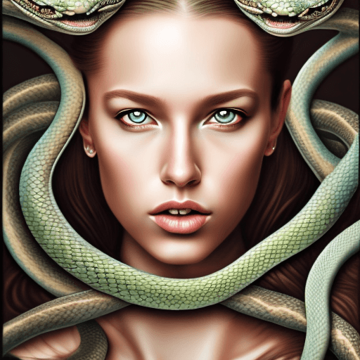 AI generated: Female, midosa , portrait, snakes hair and dragons, intricate artwork, woman, hyper realism, high de...