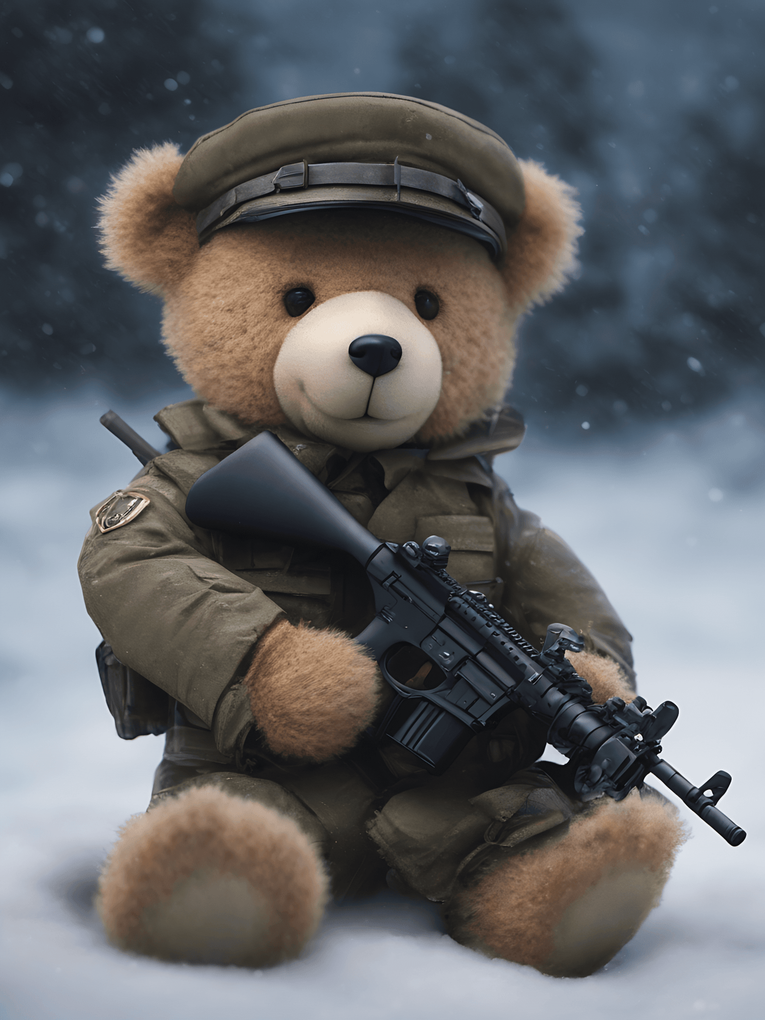 AI generated:  A teddy bear holding riffle, military uniform, snowing in background, extra face detail, ultra hd, ...